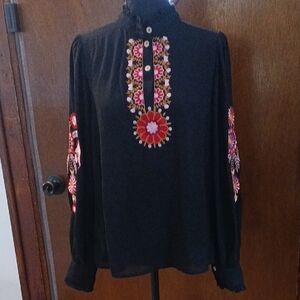 Chic Black Blouse with Floral Embroidery